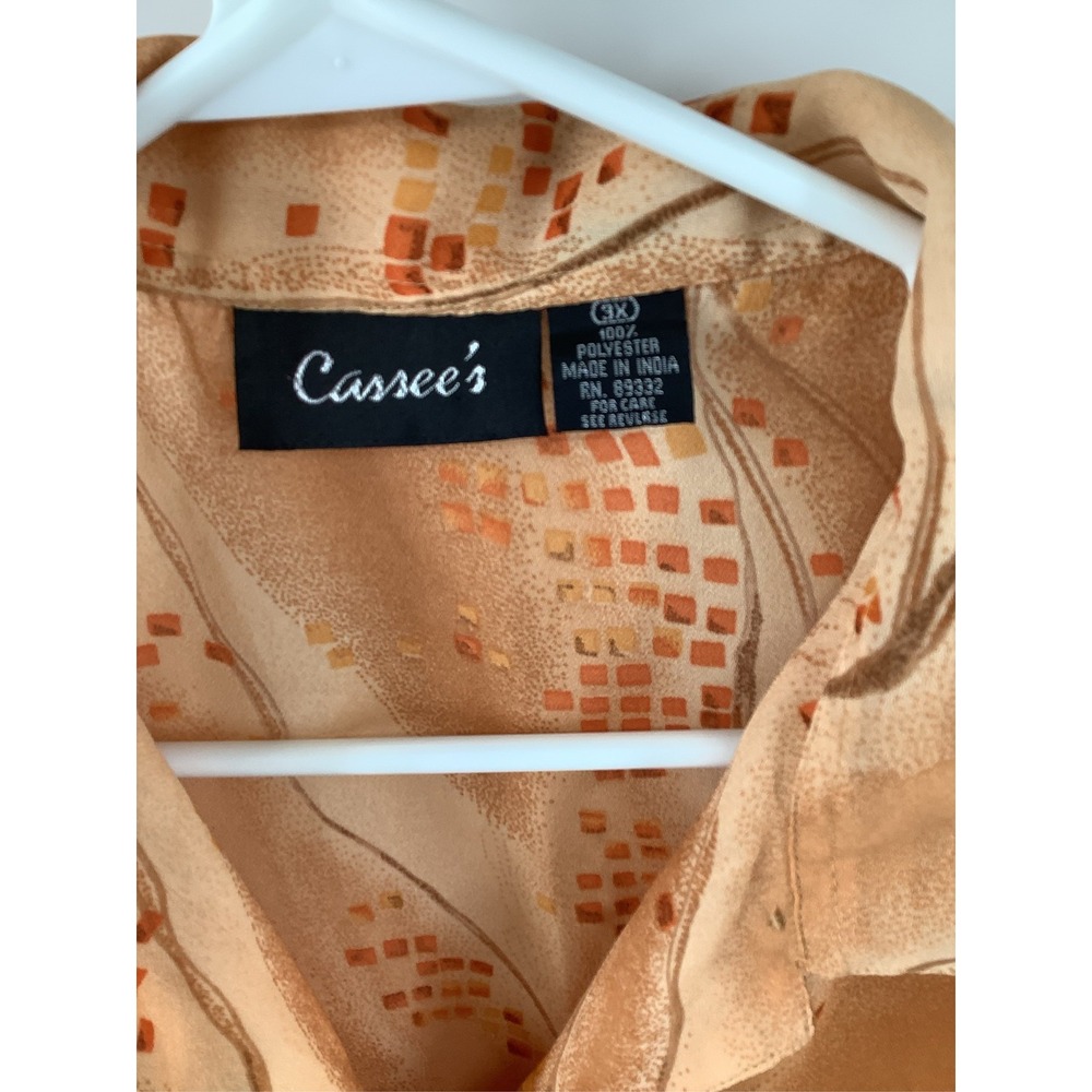 Cassee's Womens 3X Orange Abstract Geometric Short Sleeve Button Up Blouse Top